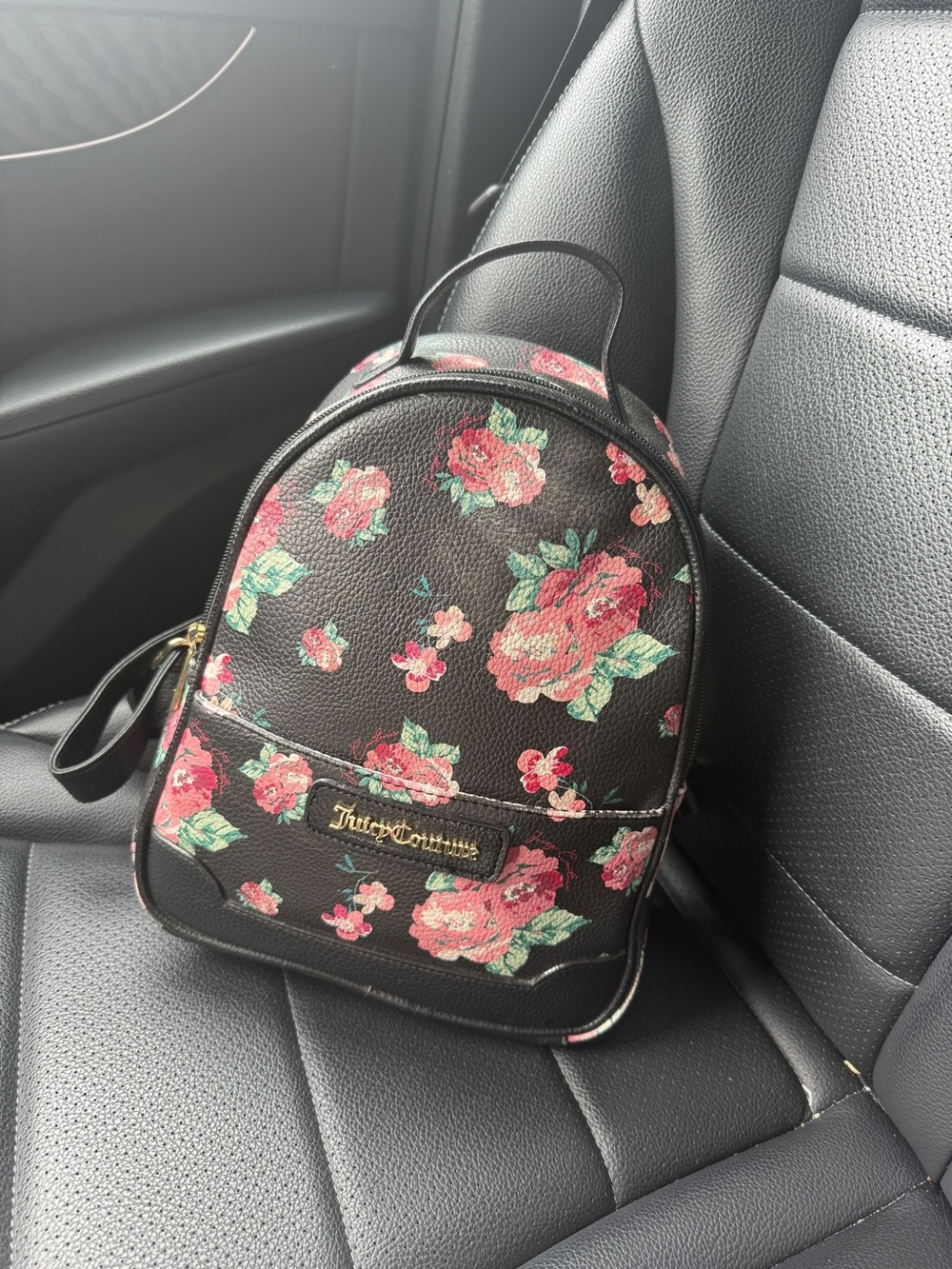 Juicy Couture Black Floral Mini Backpack with Pink Roses